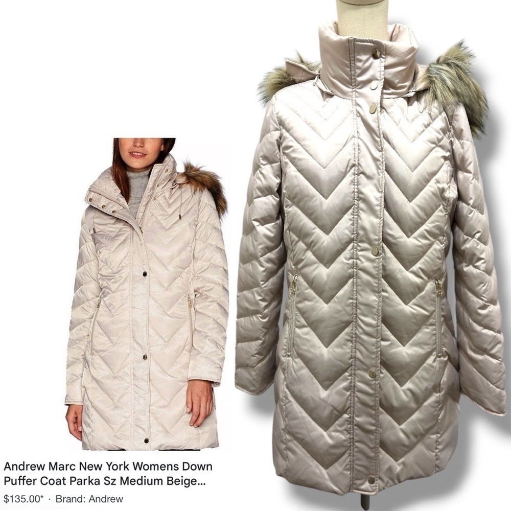 348 Andrew Marc New York | EUC $275 Beige Down Puffer Parka Winter Coat (size M)